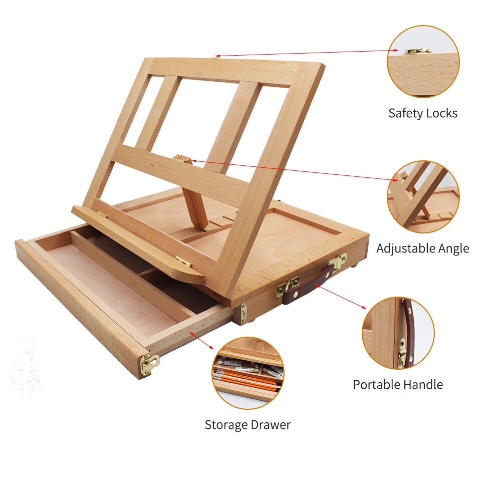 Caja de caballete de escritorio portátil, mesa plegable, caballete de madera con posiciones ajustables y cajón de almacenamiento, suministros de arte para estudiantes y adultos