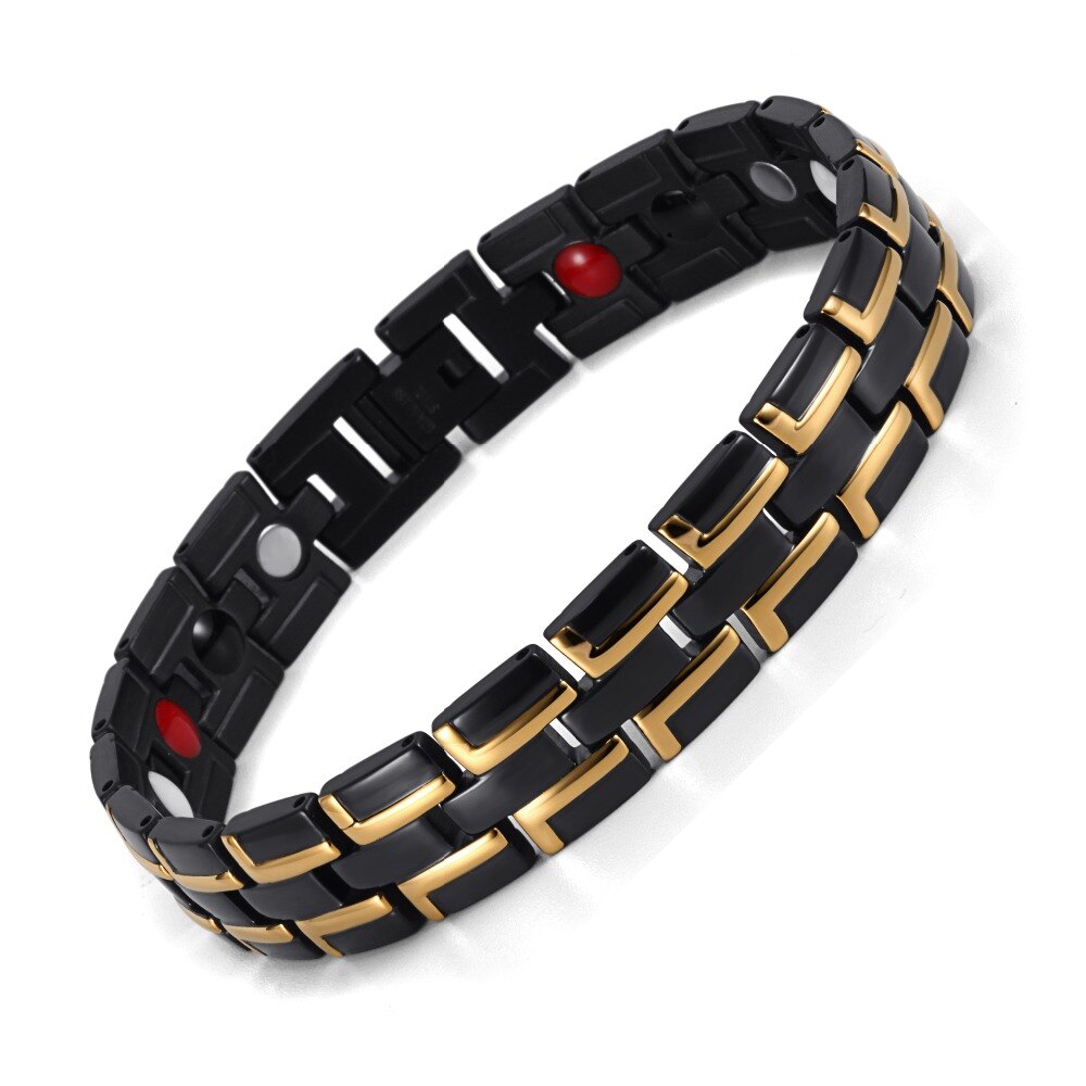 Cura magnético pulseira homem/mulher 316l aço inoxidável 3 elementos de cuidados de saúde (magnético, abeto, germânio) pulseira de ouro corrente de mão: Black Gold