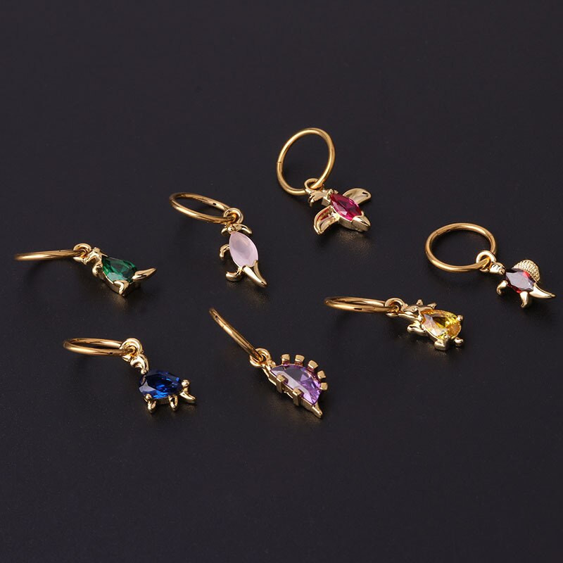 1Pc Kleurrijke Zirkoon Dinosaurus Dangle Oorbellen Voor Vrouwen Mode-sieraden Rvs Ronde Kraakbeen Piercing Oorbel