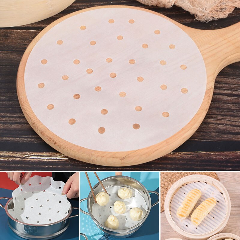 50Pc/Bag Air Fryer Steamer Liners Premium Perforated Wood Pulp Papers Non-Stick Steaming Basket Mat Baking Utensils For Kitchen