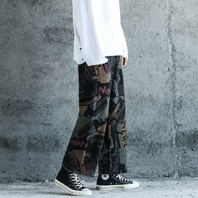 Mænd jeans retro mønster strik casual brede ben bukser herre trend løse lige jeans efterårsbukser