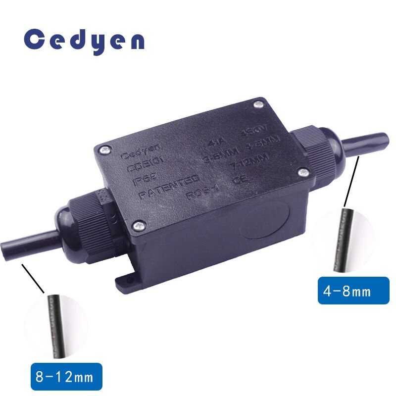 Outdoor Waterproof Junction Box Electrical Case Cable Wire Connector Two Ways IP68 Black Sealed Plastic Underwater with Terminal: 1P 4-8 mm 1P 8-12 mm