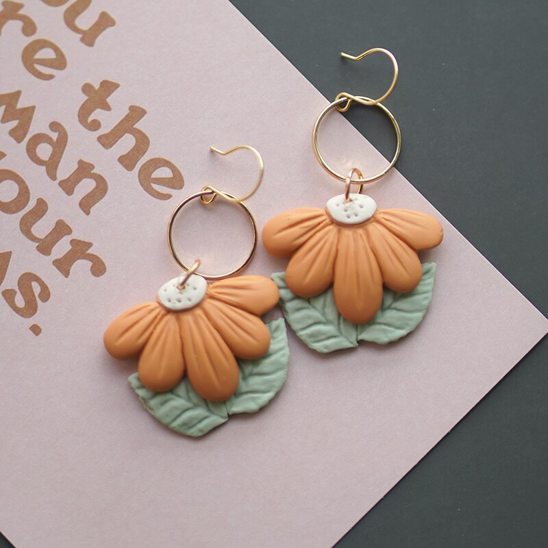 Flower Shape Ring Dangle Multi Colors Big Size Handmade Polymer Clay Spring Collection Earring Sets Statements Jewelry