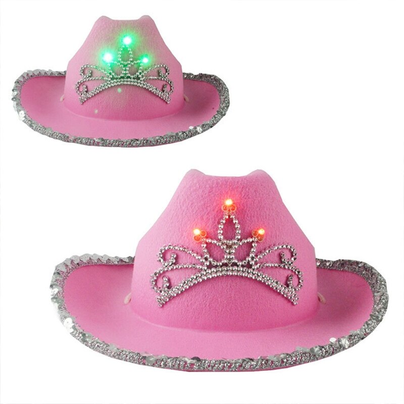 Roze Cowgirl Hoeden Voor Vrouwen Koe Meisje Hoeden Met Tiara Hals Trekkoord Vilt Cowboy Kostuum Accessoires Party Hoed