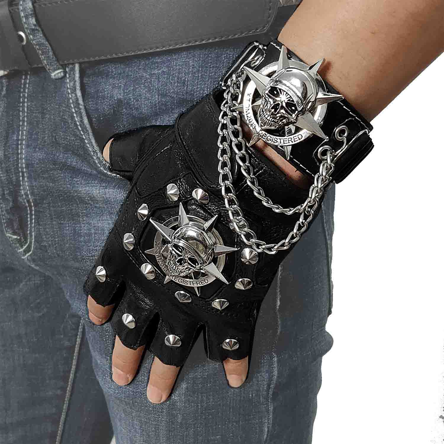Steampunk Biker Lederen Handschoenen Mens Skull Punk Rock Handschoenen