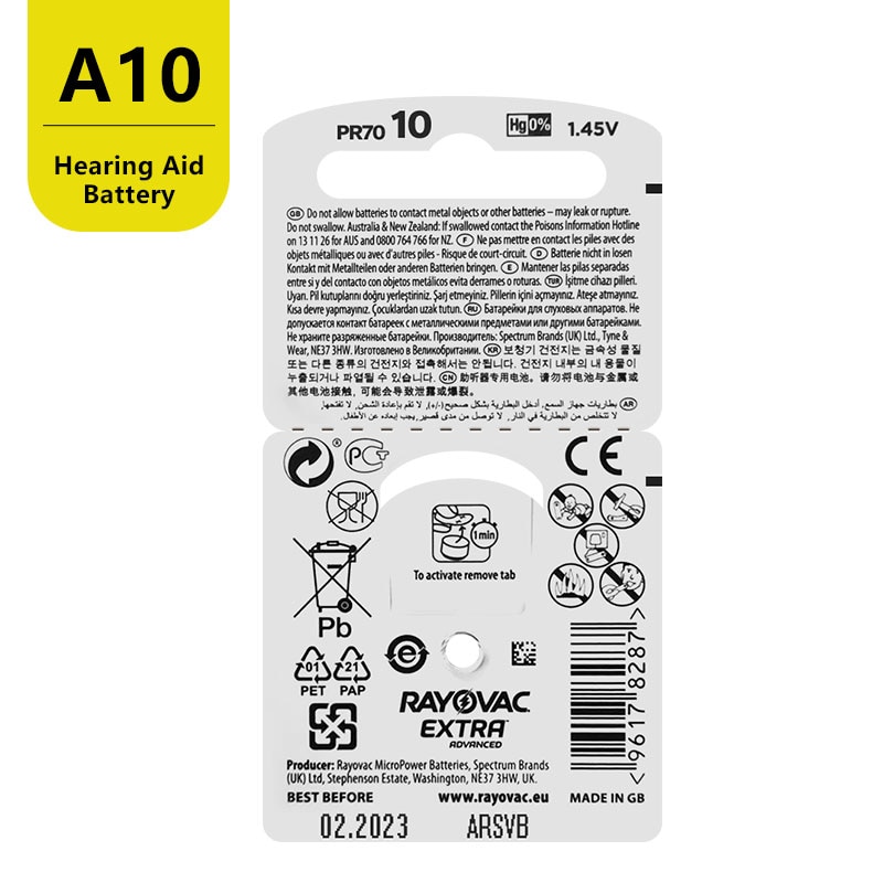 RAYOVAC-pilas extra para audífonos, A10 10A ZA10 10 S10, 60 unidades, Zinc Air 10/A10