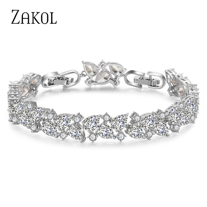 ZAKOL Shiny Cubic Zirconia Women Bracelets Bangles for Brides CZ Leaf Engagement Wedding Jewelry FSBP2104