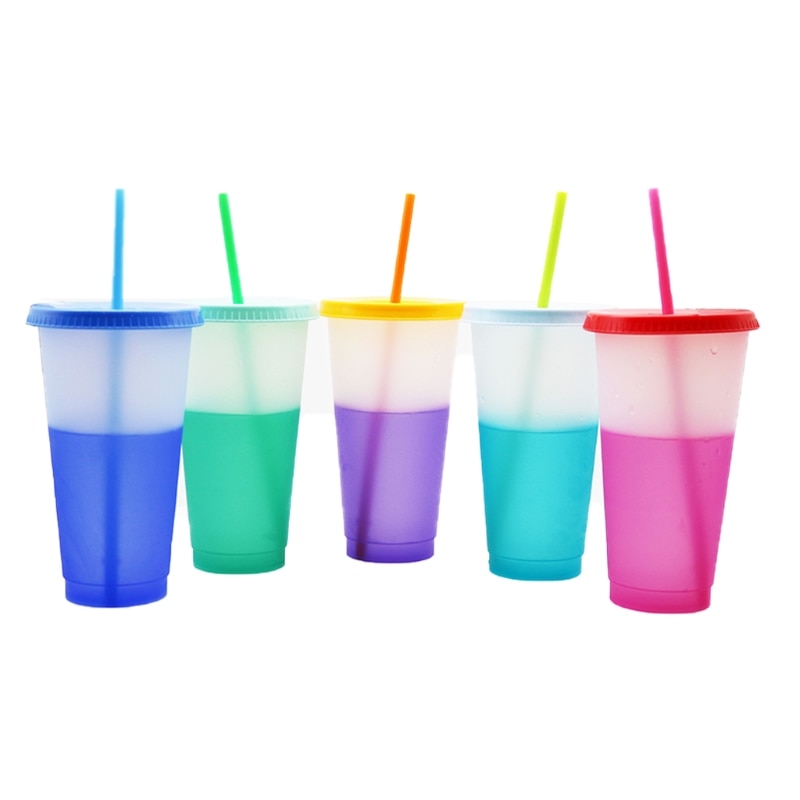 Color Changing Cups 5 Pieces with Lids and Straws Summer Coffee Tumblers Party Cups for Adults Plastic Material BPA Free