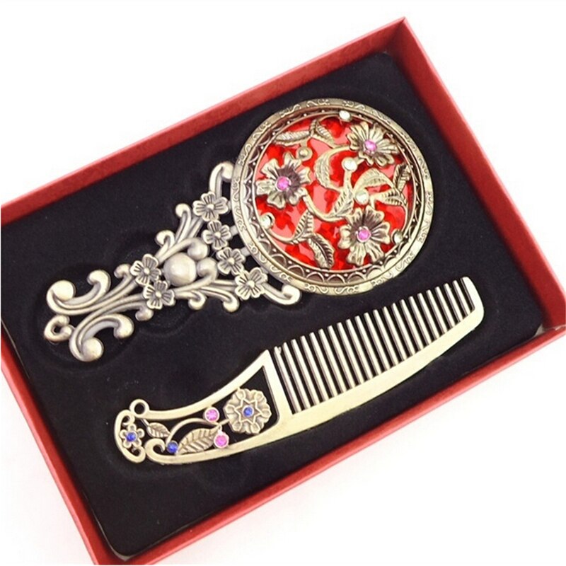 2 Stks/set Retro Brons Handheld Spiegels Hollow Cosmetische Compacte Spiegel Kam Set Met Box Willekeurige Kleur