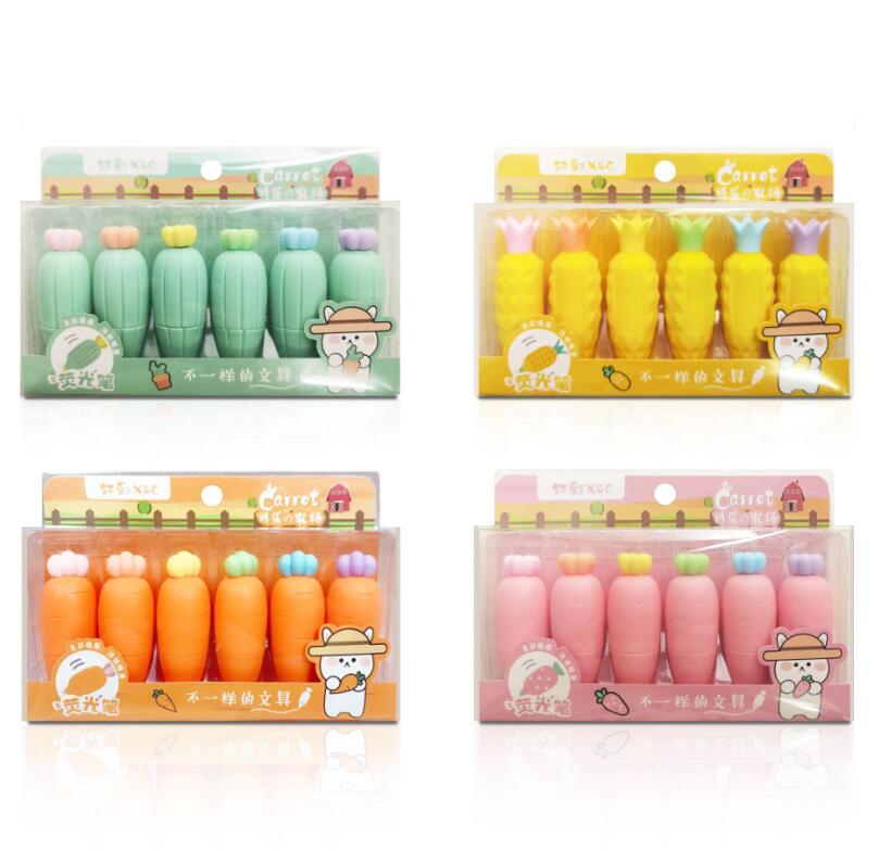 Surligneur carotte Cactus Kawaii, 6 couleurs, peinture, dessin, marqueur d&#39;art, fournitures scolaires, papeterie , 8 boîtes/lot: mix design
