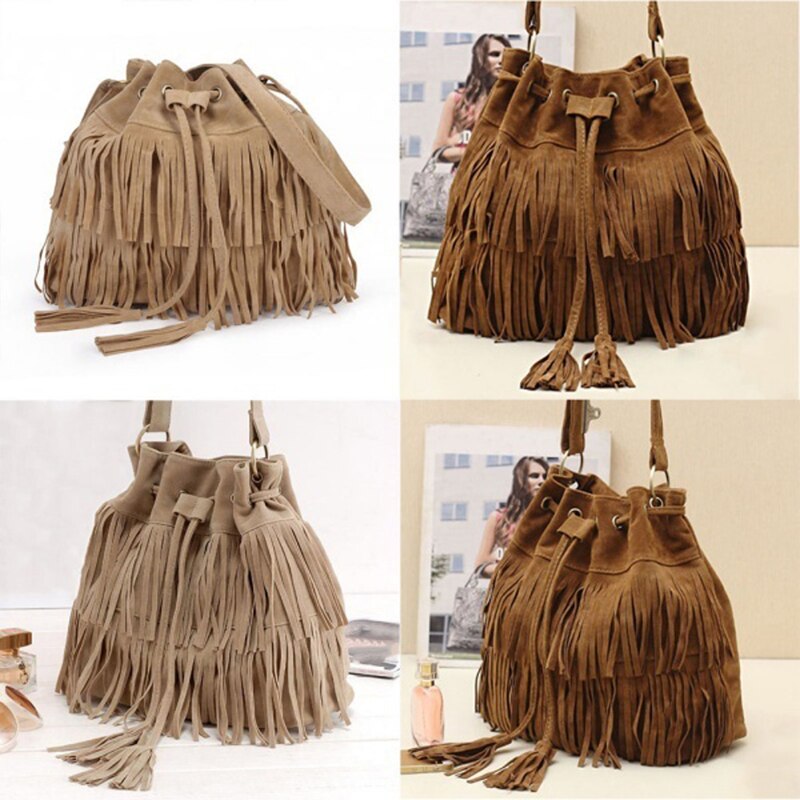 Vintage Women Tassel Bucket Bag Handbags Women Shoulder Bags Girls Drawstring Messenger Crossbody Bag