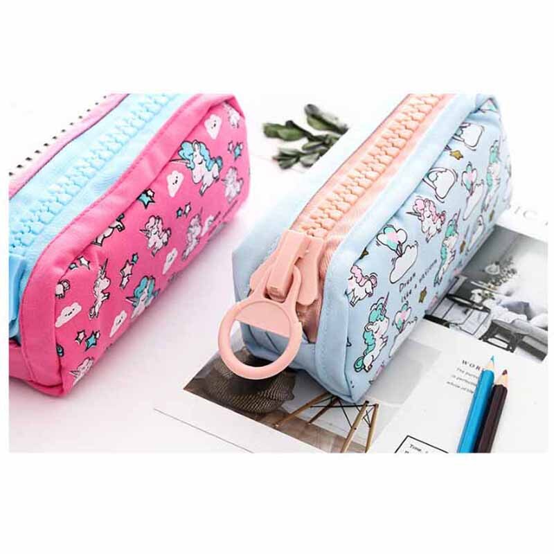 Portefeuille pour enfants, trousse à crayons licorne, rangement, dessin animé, toile, grande capacité, jolie, grande fermeture éclair, pour étudiants