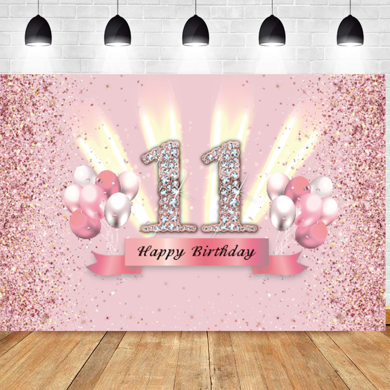 Sweet Pink 11 Years Old Photo Backdrop Girls Happy Birthday Party Balloon Eleven Photography Background Decoration Banner