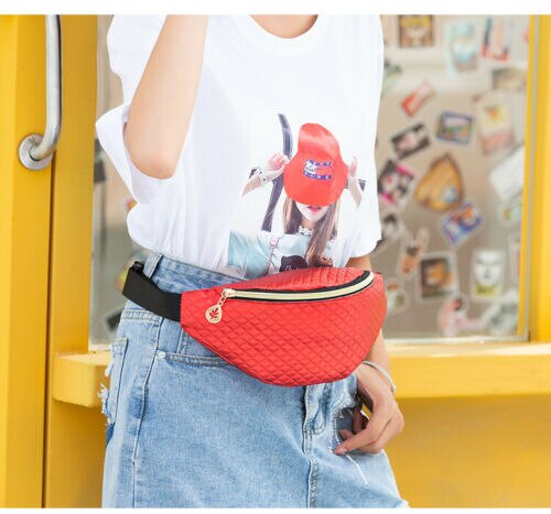 Nova senhora moda diamante padrão fanny pacote feminino couro brilhante bolsa de cintura viagem portátil para o cinto saco de quadril