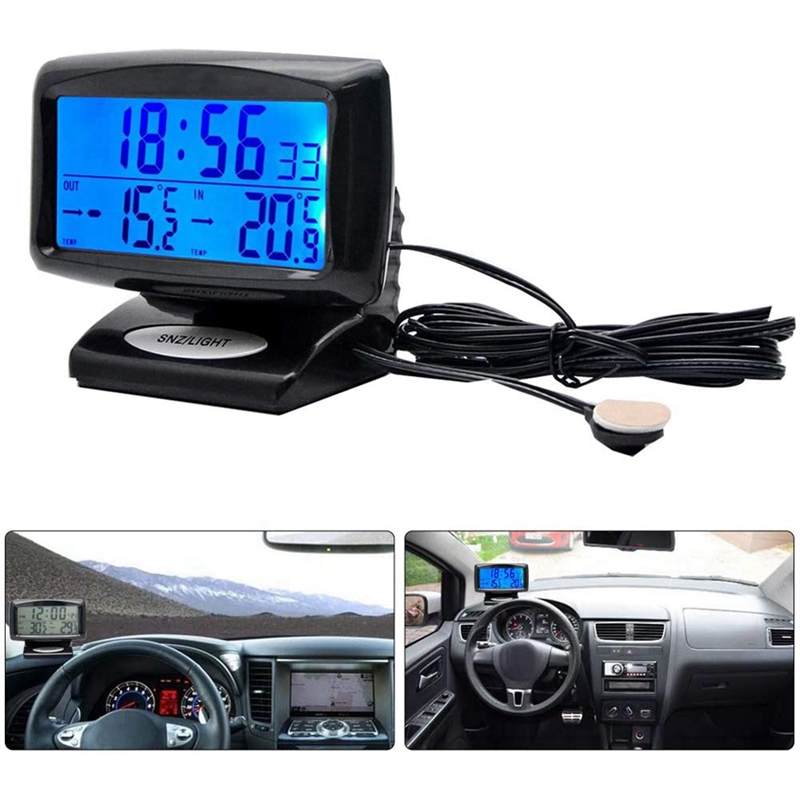 Portable 2 in 1 Car Auto Thermometer Clock LCD Display Gauge Indoor Outdoor Thermometer with Blacklight Function