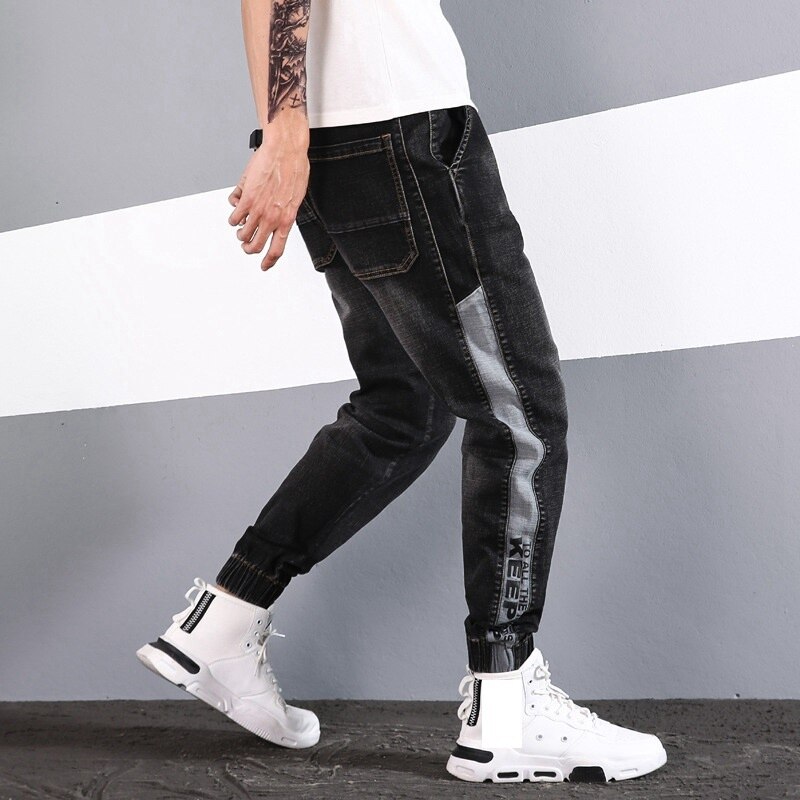 Efterår mænd high streetwear jeans tidevand brevbukser patchwork løs plus størrelse harlan bukser elastisk stretch jeans 56 58 60: Sort / 5xl-105-115kg