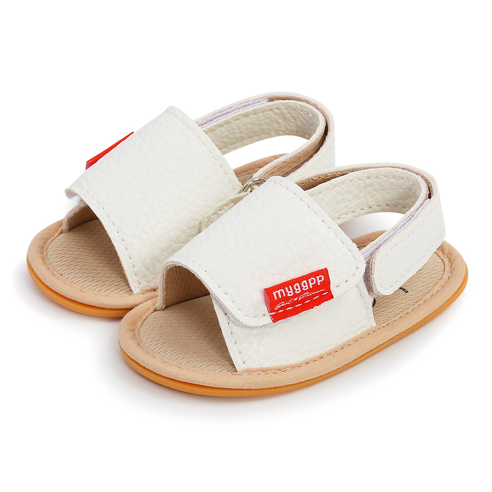 Sandales pour bébé solides/léopard, chaussures plates d'été légères antidérapantes avec fermeture à pression et boucle de talon: WHITE / 0-6Months