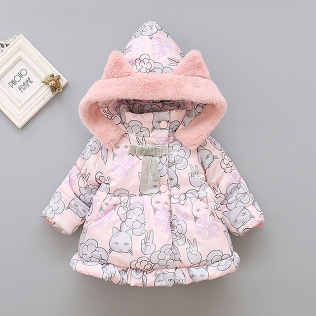 Winter Meisje Jassen Plus Fluwelen Dikke Jas Voor Meisjes Jassen Leuke Printing Hooded Kid Uitloper 1 2 3 4 5 jaar Kinderen Sneeuw Slijtage: pink / 18m