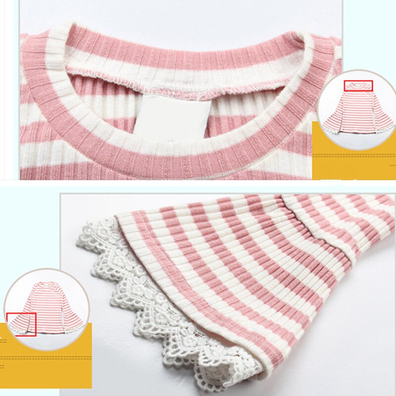 Pull coréen d'automne pour fille, haut à manches évasées en dentelle, t-shirt à manches longues avec rayures, pour fille de 8 10 12 ans