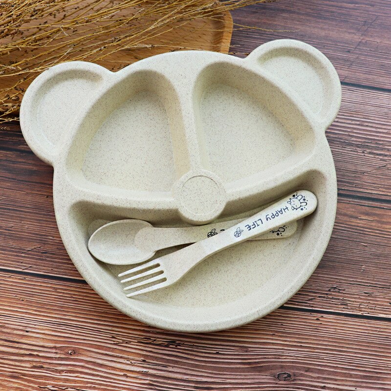 1 Juego de plato de cena para niños y bebés con cuchara y tenedor con forma de oso de dibujos animados rejilla de trigo plato de desayuno para niños utensilios para el hogar: Beige