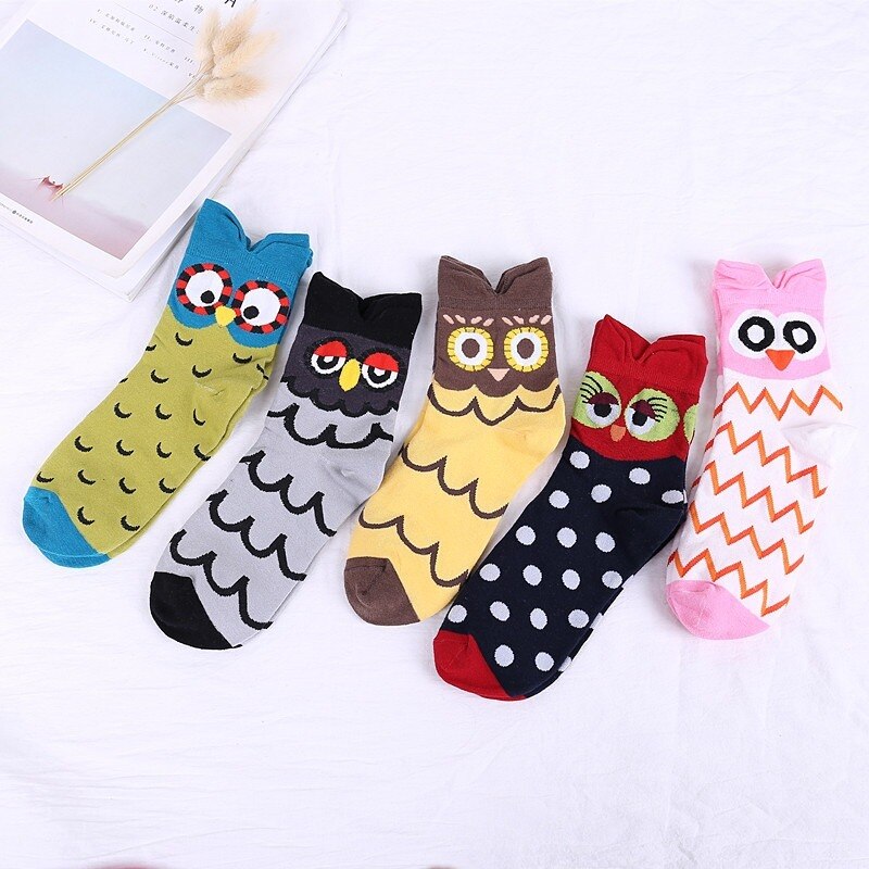 Harajuku Kawaii Socks Women Cotton Cartoon Cute Animal Owl Dot Print Happy Funny Socks Casual Middle Tube Autumn Winter Hip Hop
