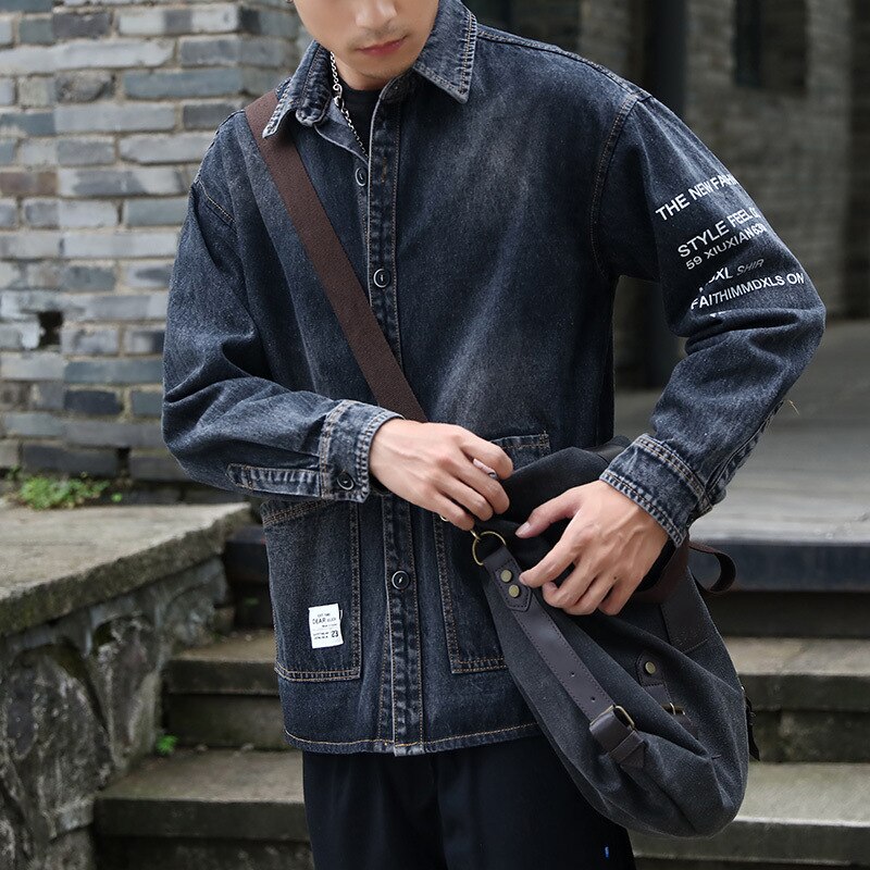 Forår efterår bogstav trykt herreværktøj koreansk trendy frakke mand løs afslappet revers plus fed xl denimjakke