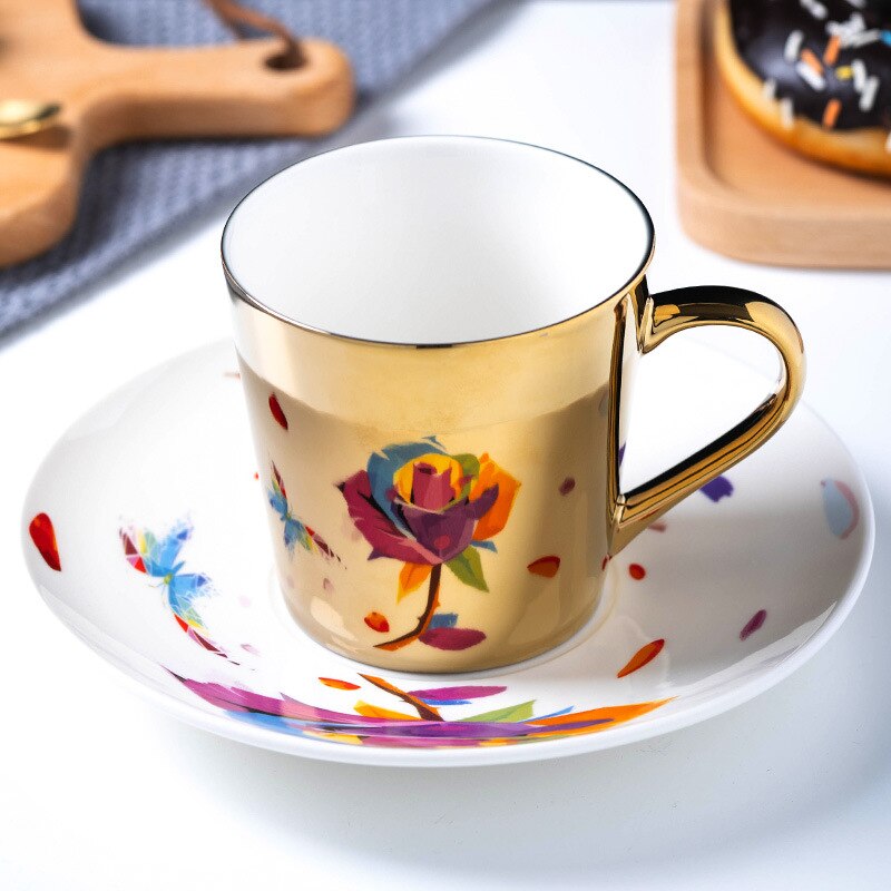 Ouro de luxo criativo copo e pires conjunto design moderno animal cerâmica porcelana xícara café mobiliário decoração chá copos: Colorful rose gold