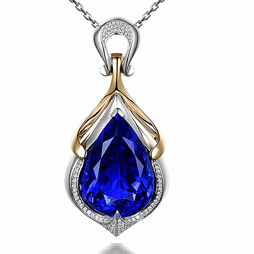 Grand luxe 10 carats bleu cristal saphir pierres précieuses diamants pendentif colliers pour femmes or blanc argent couleur tour de cou bijoux