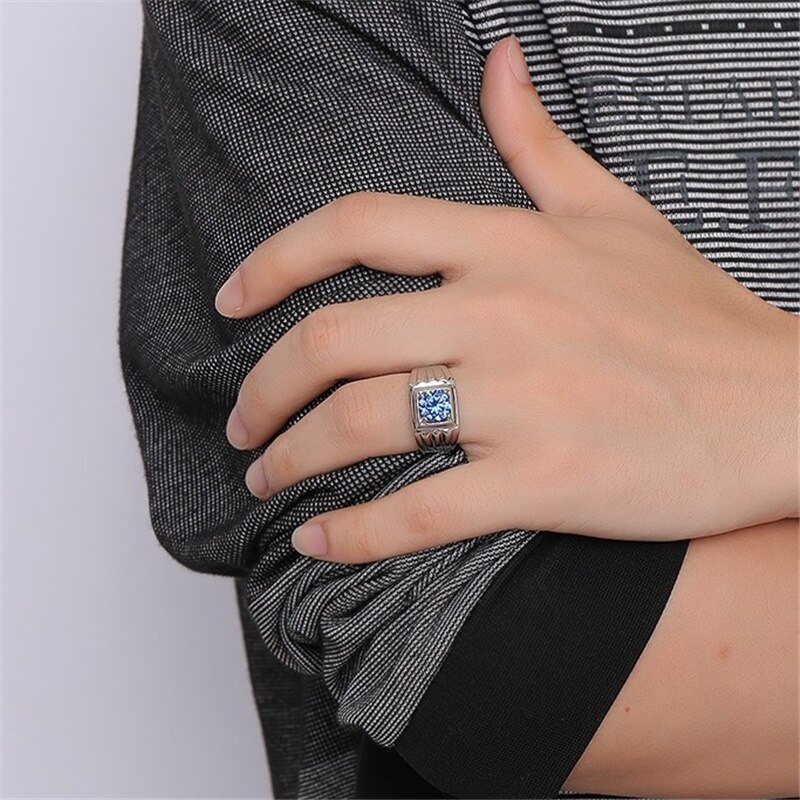 FDLK Retro 316L Stainless Steel + Zinc Alloy Blue Crystal Ring Mens Wedding Party Ring
