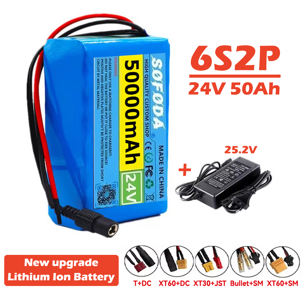 24v 50000 2 mah 6 s 2p 18650 litiumbatteri oppladbart batteri med bms-beskyttelseskort litiumionbatteripakke med lader