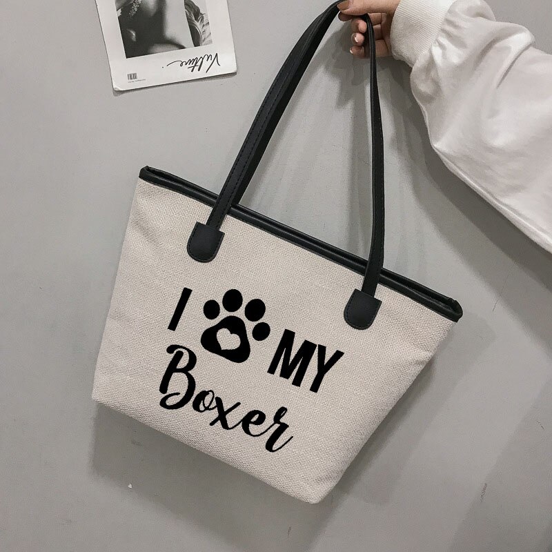 I Love My Boxer Voor Boxer Hond Liefhebbers Canvas Schoudertas Boodschappentas Strandtas Werk Tas: white