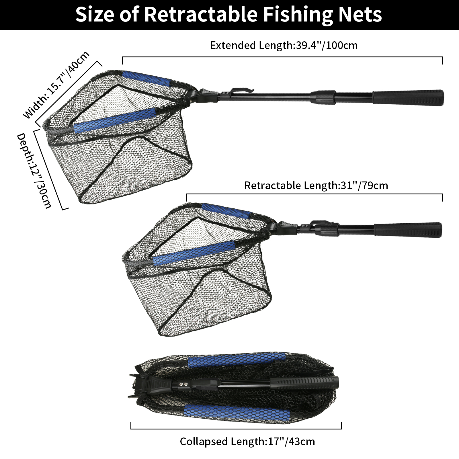 Fishing Landing Net Aluminum Alloy Durable Telescoping Extend to 190cm/130cm/55cm Folding Mesh Safe Fish Catching Releasing: Blue