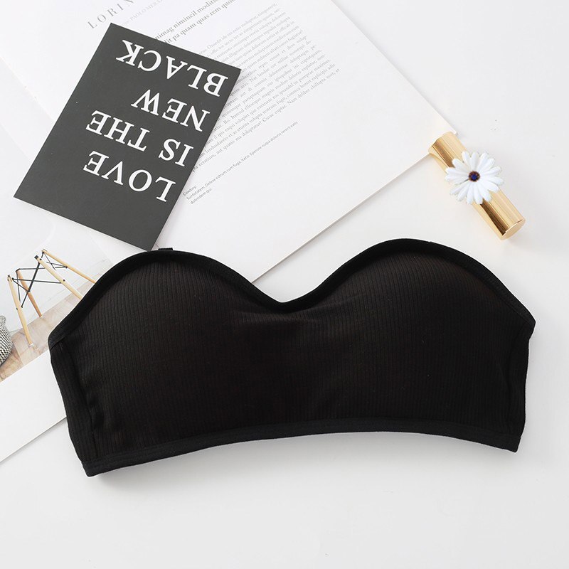 Women Push Up Padded Seamless Underwear Cotton Tube Tops Back Closure Strapless Bra Top: Black