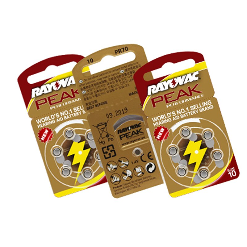 Pilas para audífono RAYOVAC PEAK-A10/PR70/10, batería de aire de Zinc de 1,45 V, diámetro de 5,8mm, espesor de 3,6mm, 6 uds./1 tarjeta