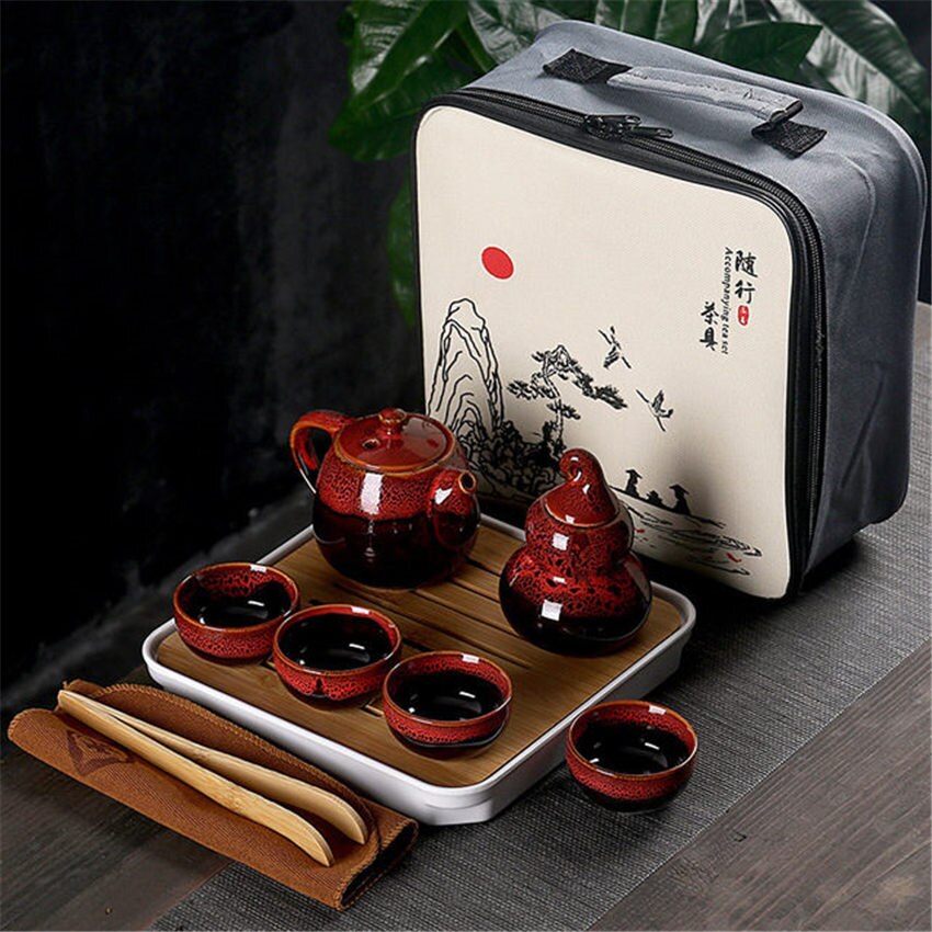 Portable Kung Fu Tea Set Ceramic Chinese Teapot Porcelain Teaset Gaiwan Tea Cups of Tea Ceremony Tea Pot With Travel Bag: Red