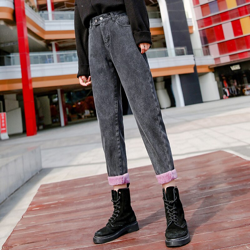 Winter Jeans For Women Thicken Warm Loose Fleeces Denim Trousers Ankle-length Gray Solid Harem Pants Students Wear P9505
