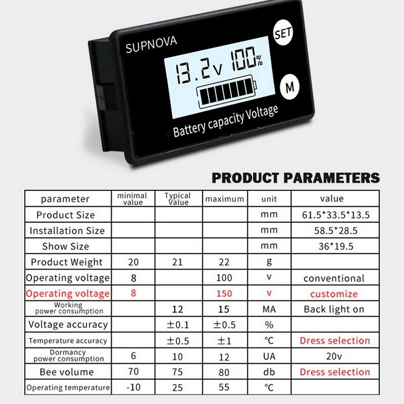 LCD Battery Capacity Monitor Indicator Meter Lead Acid Lithium LiFePO4 Car Motorcycle Voltmeter Gauge DC 8V-100V