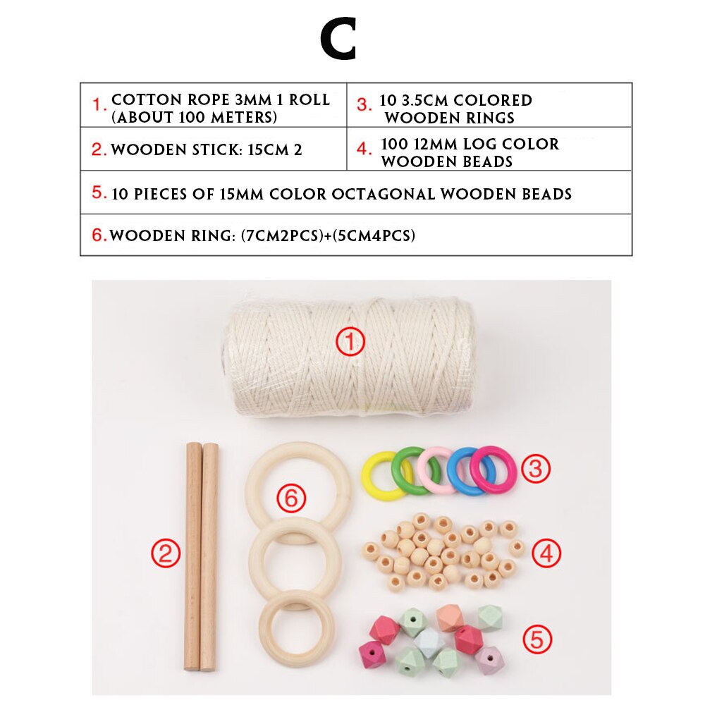 Diy Macrame Cord Kit Natuurlijke Katoenen Touw Met Houten Ringen Kralen Houten Stok Voor Diy Bijtring Macrame Kit Muur Opknoping plant Hanger: C