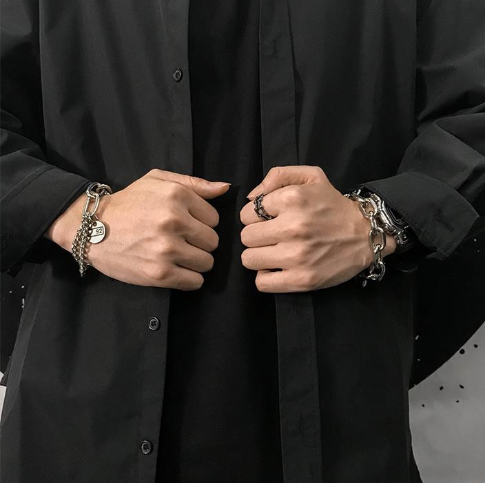 HUANZHI Silber Farbe Punk Armreif Klassische Hip Hop Harajuku Dicke Kette Dünne Doppel Anhänger Link Runde Armband Für Männer Schmuck