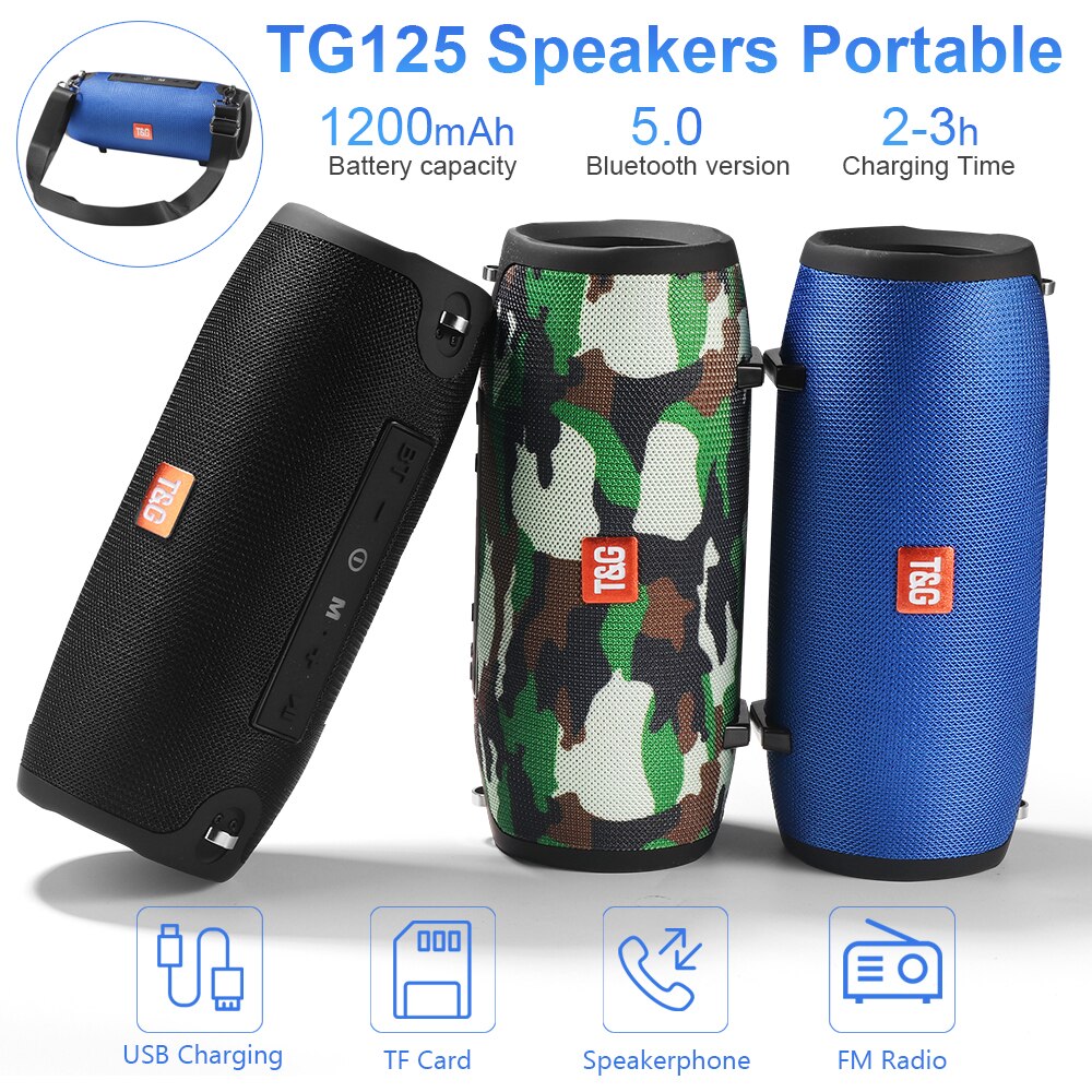 20W High-power Portable Speakers TG125 Outdoor Waterproof Battle Drum Wireless Speaker FM Radio loudspeaker USB Port AUX Input