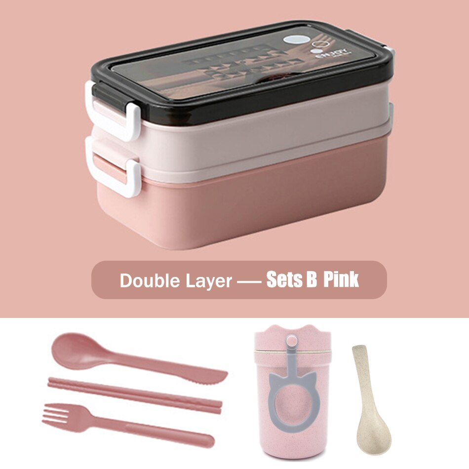Double Layer Lunch Box Bento Box With Soup Bowl Leak-Proof Bento Box Dinnerware Set Microwave Adult Kids Office Food Storage Box: Sets B Pink
