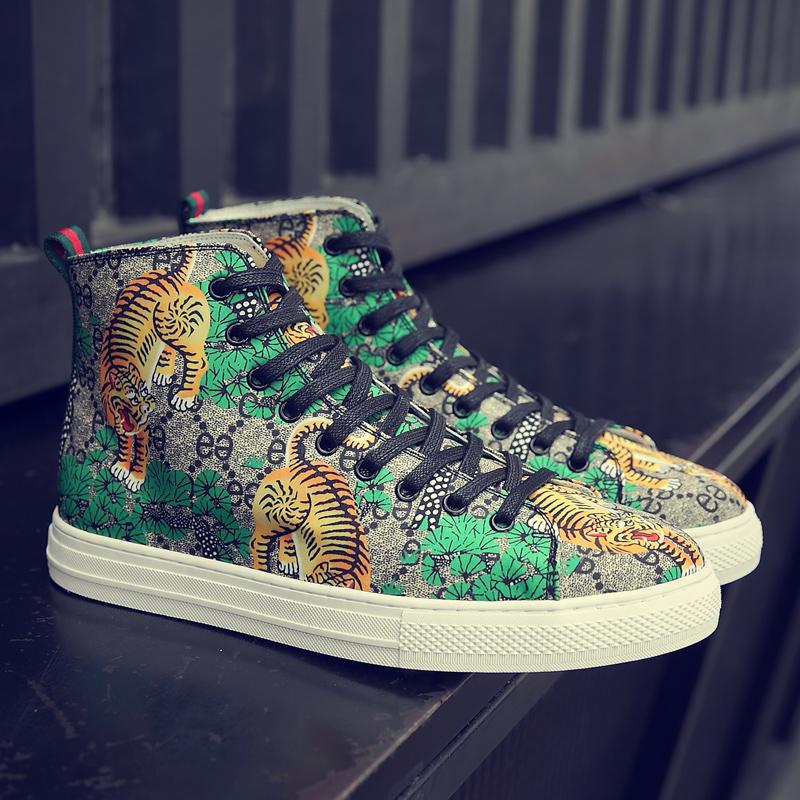 Trendy Green Tiger Print Hoge Top Schoenen Mannen Skateboard Schoenen Lederen Sneakers Mannen Zapatillas Hombre