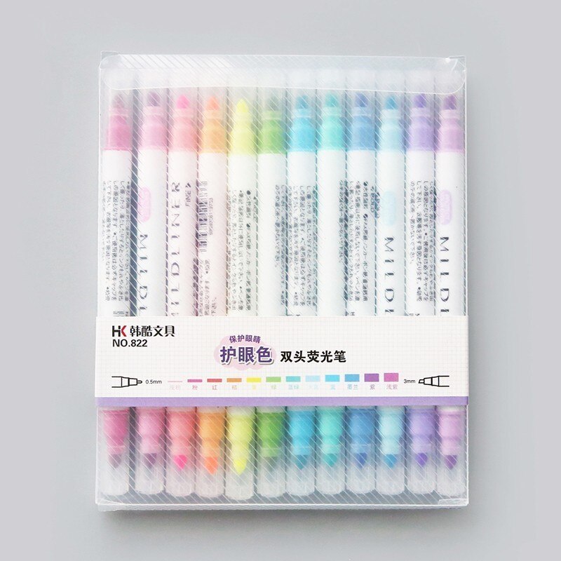 Huiqin 12 kpl/setti söpö kaksipäinen fluoresoiva kynä mildliner korostuskynät värimerkki kynä koulutarvikkeet kawaii
