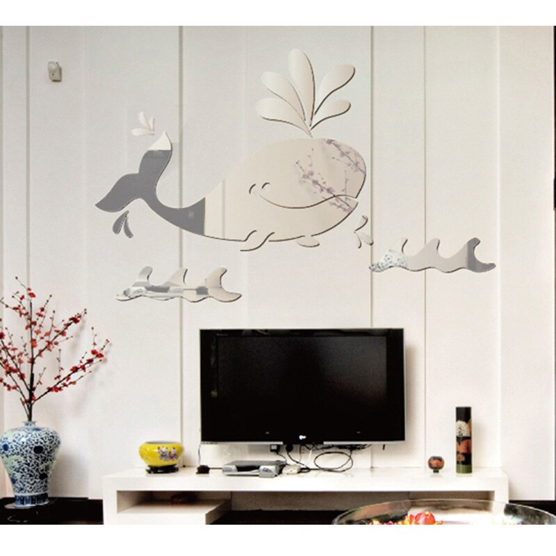 3D Acryl Spiegel Sticker Cartoon Whale Muursticker Home Slaapkamer Achtergrond Muur Kinderkamer Groene Decoratieve Sticker