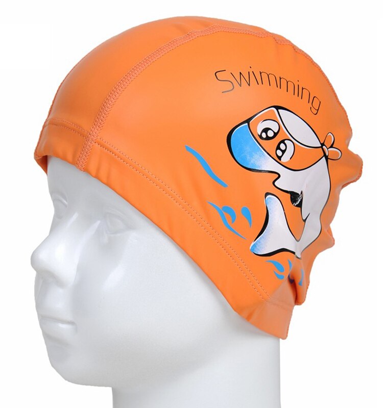 PowerPai Swimming Cap Children Waterproof PU for boys girls Comfortable Dolphine Cat Cartoon Swimming Pool Training Bathing Hood: Orange