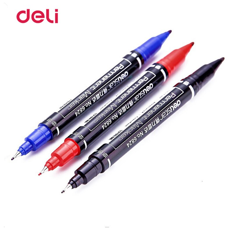 3 st Deli Gekleurde 0.5/1mm Dual Tip Snelle Droge Permanente Teken Marker Pen CD Stof Glas mark Tekening School Office Supply