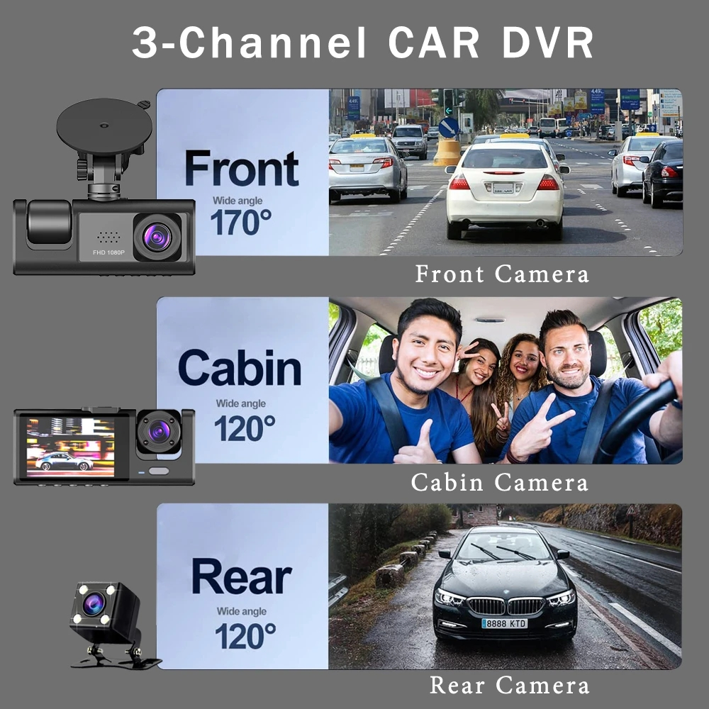 3-Kanal-Auto-DVR HD 1080P 3-Objektiv Ich bin Inneren Fahrzeug-Bindestrich-CamDrei-Wege-Kamera DVRs Recorder Video Registrator Dashcam Camcorder