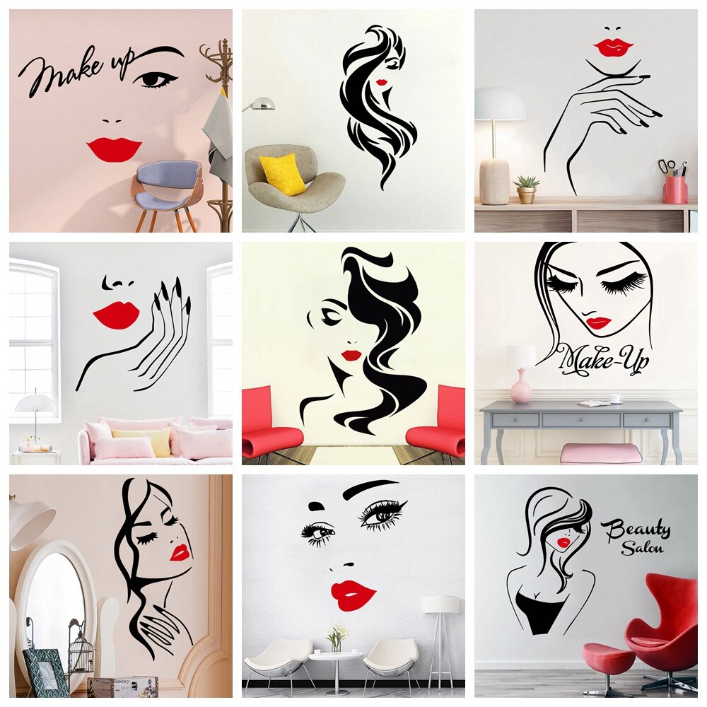 Skønhedssalon vægklistermærke smuk dame frisør til dame & #39 ;s røde læber vinyl makeup klistermærke hår frisør frisør mærkat