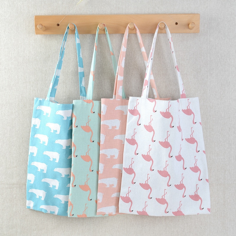 Cartoon Katoen Linnen Schoudertassen Outdoor Canvas Vrouwen Tote Pouch Kruidenier Opbergzakken Beer Flamingo Boodschappentassen