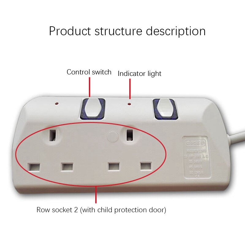 2 Way Extension Lead With Switches Portable White Power Accessory In Home Office 2M/6.6FT 13A Extension Cable(UK Plug)